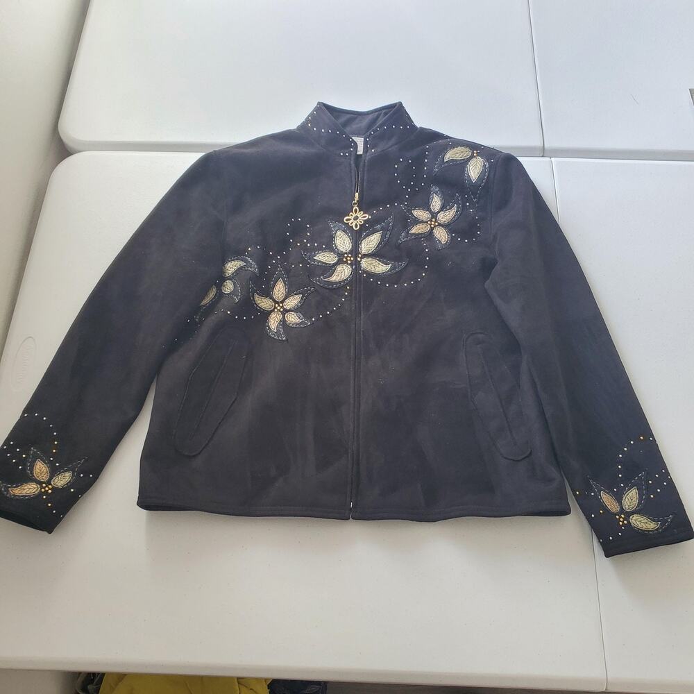 St John Sport Jacket Womens Medium Black Embroidered Floral Studded Zip Collared